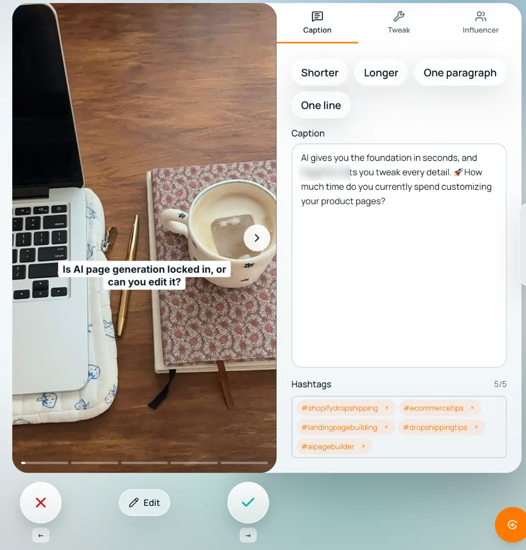 Amplify daily feed showing a slideshow post with its caption and hashtags, and keep, edit and skip buttons