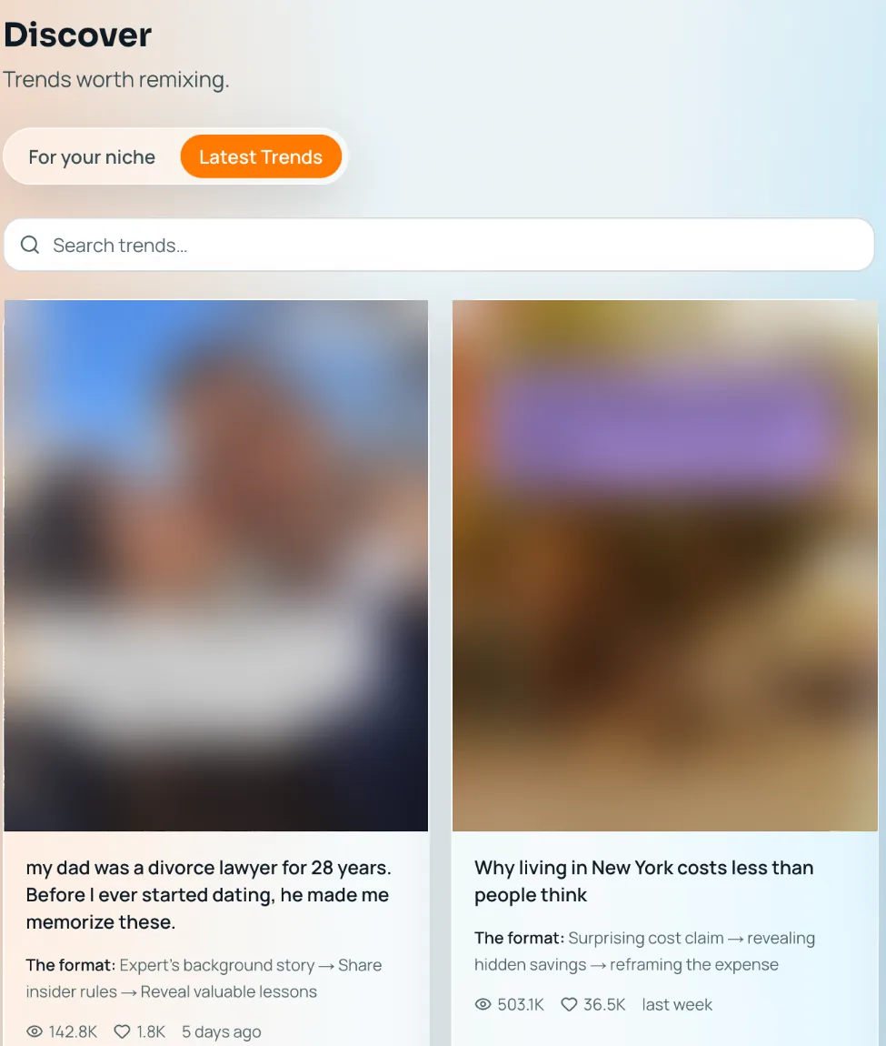 Amplify Discover screen showing trending posts with the format of each one broken down, plus views and likes