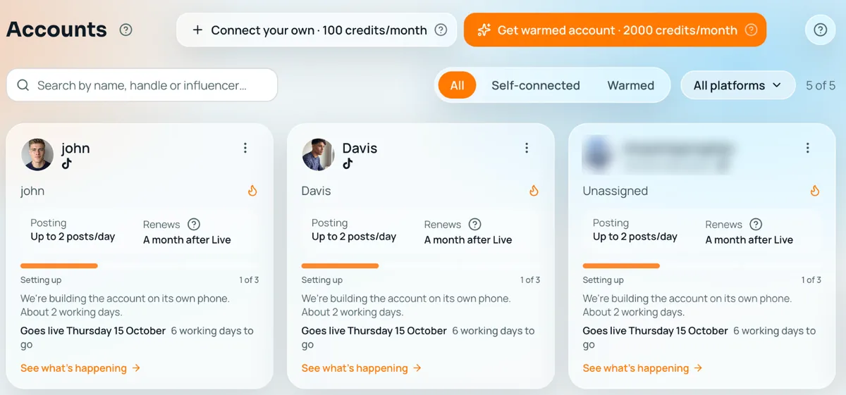Amplify Accounts screen with search, filters for all, self-connected and warmed accounts, and a card for each account